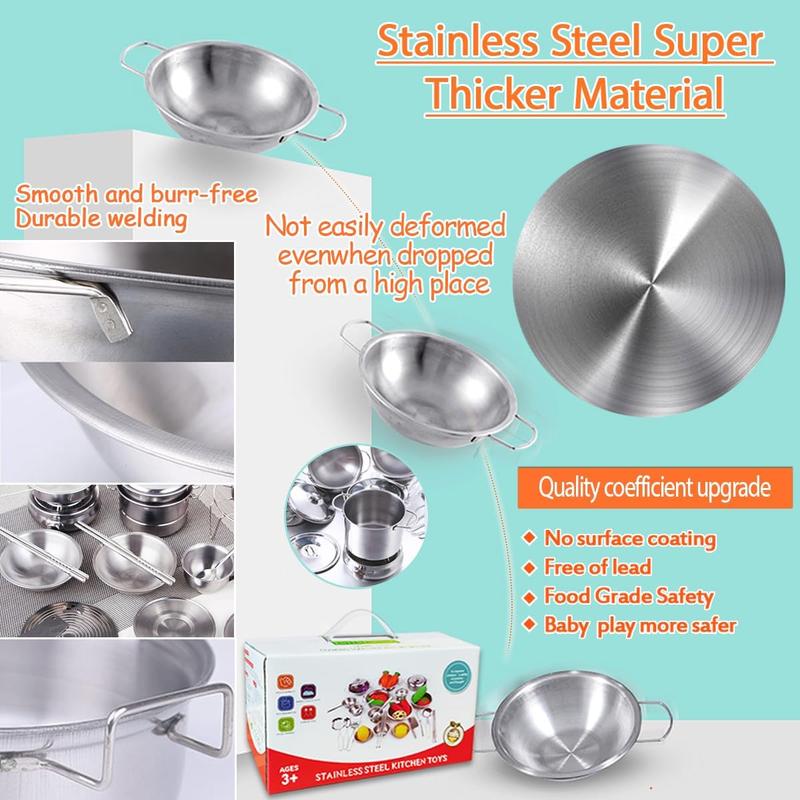 Classic Stainless Steel Kitchen Toys Cooking Utensils Set-Pretend Play Pots Pans Toy Cookware Kits for Kids Christmas, New year Gift