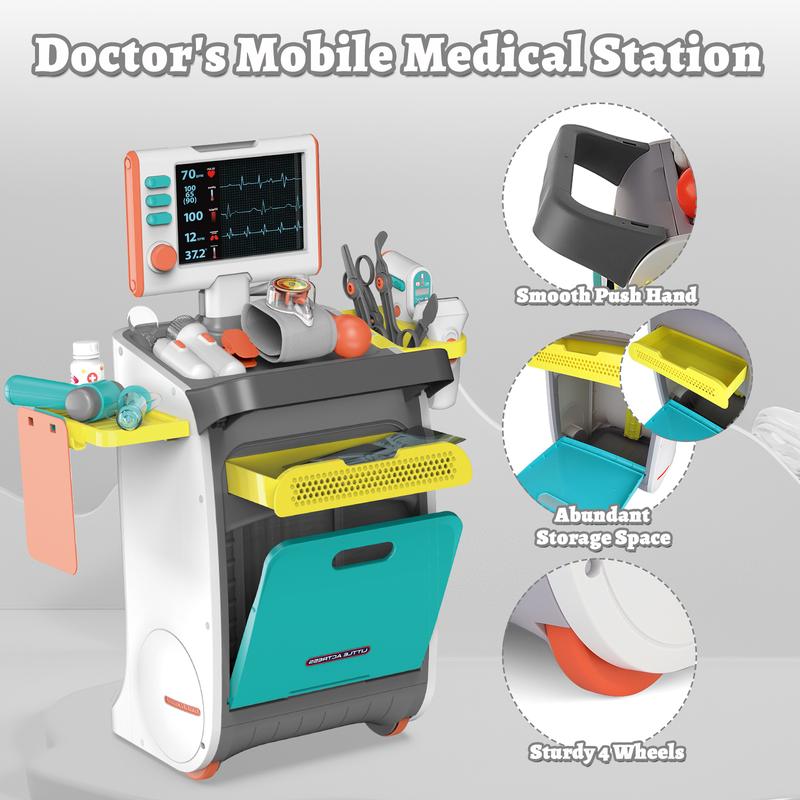 deAO Doctor Cart Kit Toy Pretend Doctor Playset Medical Instruments Role Play Medical Station Set, Christmas Gift