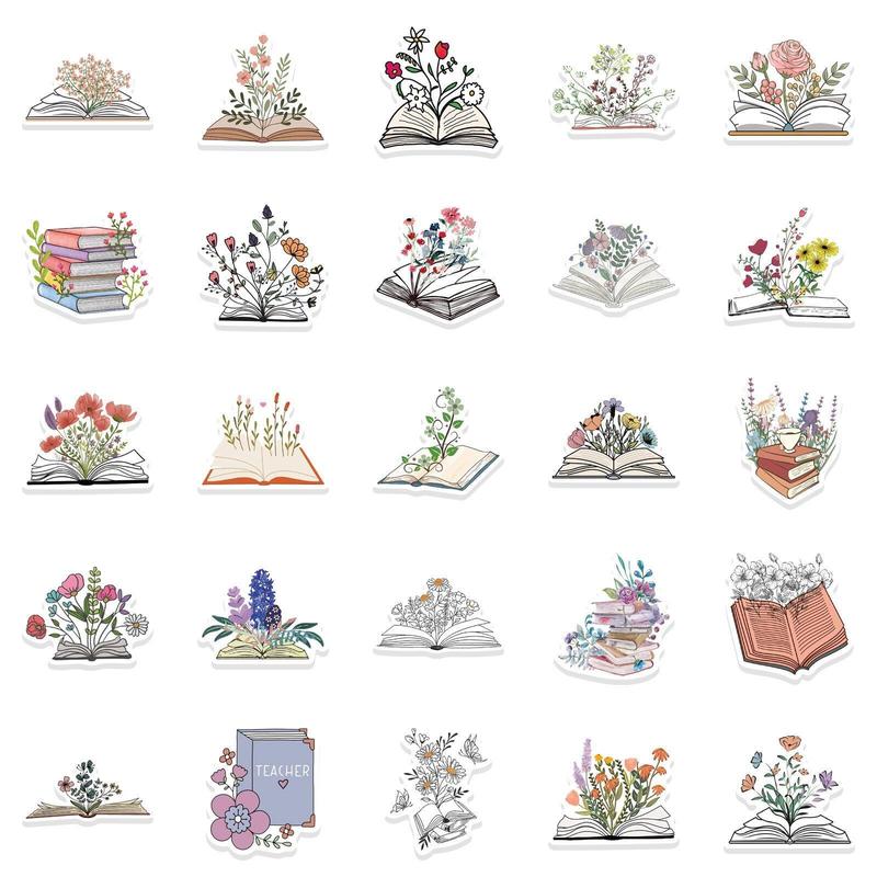 50pcs Book & Flower Pattern Decorative Sticker For Creative DIY, Scrapbooking & Journal Making Material Paper, PVC Waterproof DIY Decorative Sticker For Stationery Computer Water Bottle