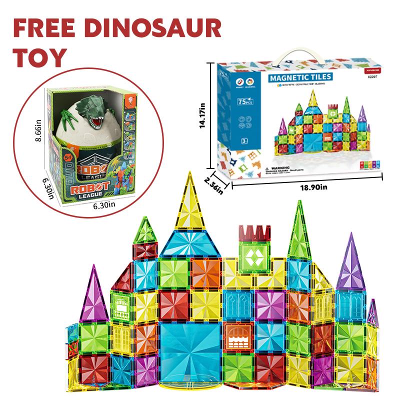 75 Pcs High Quality Magnetic Block Sets - Upgrade Version Colorful Building Toy for Kids - Christmas Birthday Gift with Free Dinosaur Toy