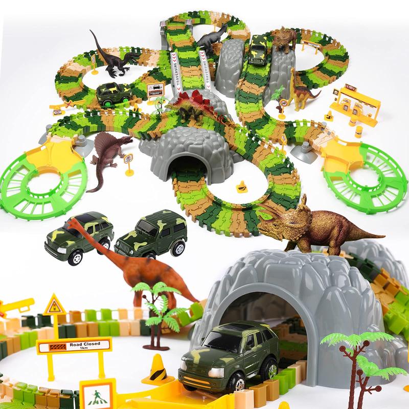 Christmas GiftDinosaur Track Toy , with 2 Pack Race Cars and 7 Pieces Jurassic Dinos, Create A Dinosaur World with Flexible Tracks, Birthday Gifts for