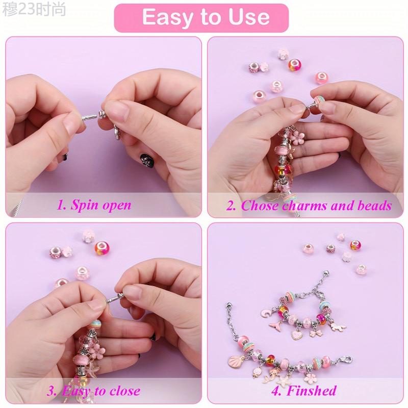 67pcs Pink Series Beading Jewelry Making Supplies Kit, with 60 Charm Beads, 3 Bracelet Bands, 3 Necklace Cords, Includes Unicorns Mermaids Crafts, for Birthday, Christmas 2025 Gift