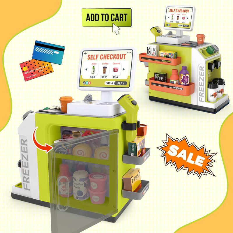 deAO Toy Register Coffee Machine Toys 2 in 1 Play Food for Pretend Play Grocery Store Store Supermarket Playset