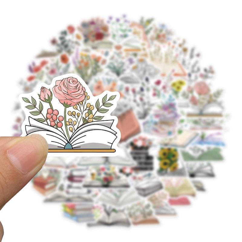 50pcs Book & Flower Pattern Decorative Sticker For Creative DIY, Scrapbooking & Journal Making Material Paper, PVC Waterproof DIY Decorative Sticker For Stationery Computer Water Bottle