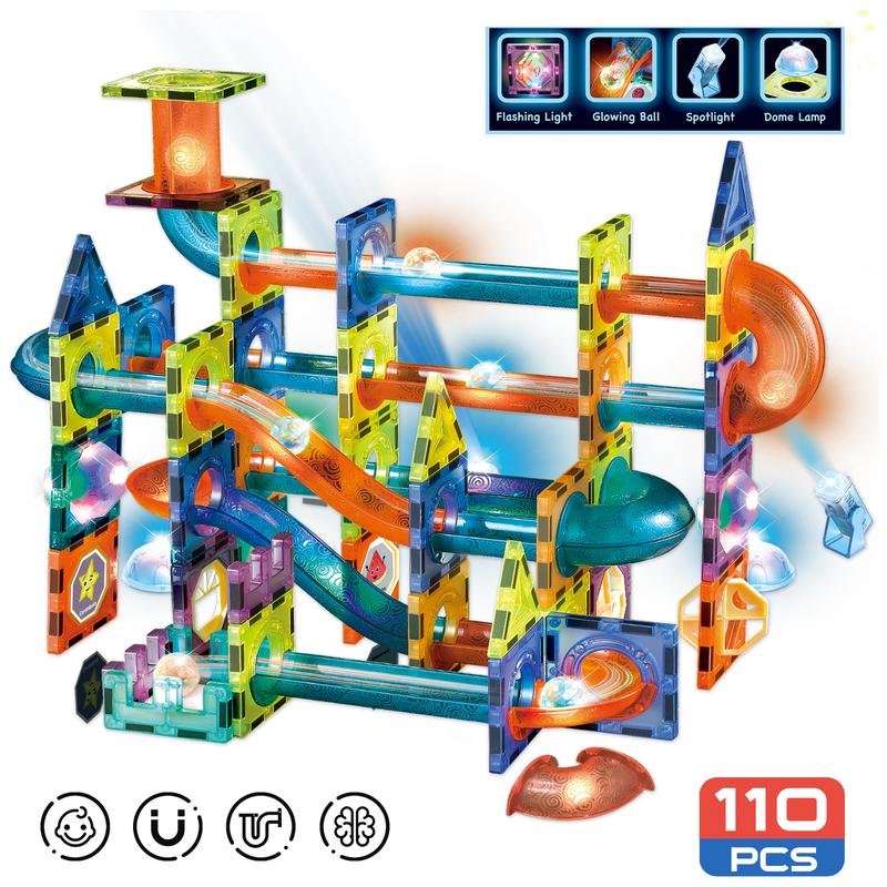 Contixo Glowing Marble Run Magnetic Tile Set 110 pcs, Educational & Sensory Toy Building Set Ages 3-8 building toy magna tiles christmas toy