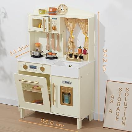 Giant bean Modern Style Play Kitchen Wooden Toy with Microwave Play Sink Ice Maker Oven Cookware Accessories Playset, Kitchen Set Pretend Play Food Toys