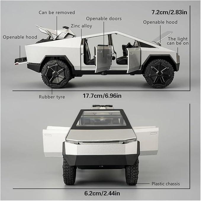 Realistic 1:32 Scale Tesla Cybertruck with LED Lights, Sound Features, and Friction Pullback – Perfect for Kids and Car Collectors