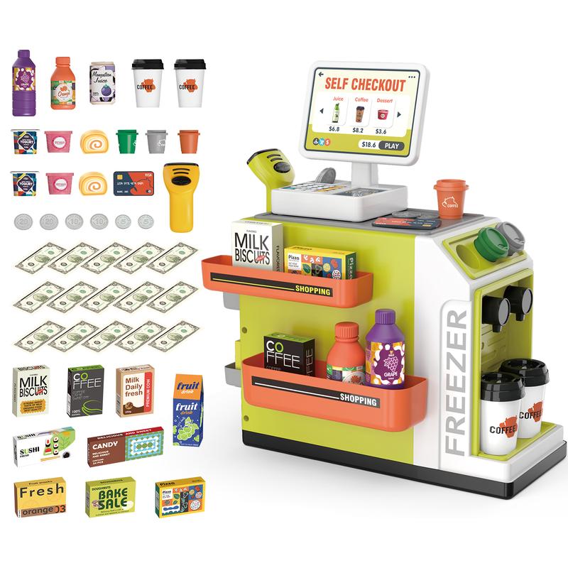 deAO Toy Register Coffee Machine Toys 2 in 1 Play Food for Pretend Play Grocery Store Store Supermarket Playset