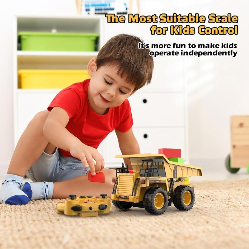 9 Channel Remote Control Dump Truck Toy with Lights and Sounds Effect, 1:18 RC Construction Vehicles Trucks Gift for Kids Boys and Girls(Package Without Battery)