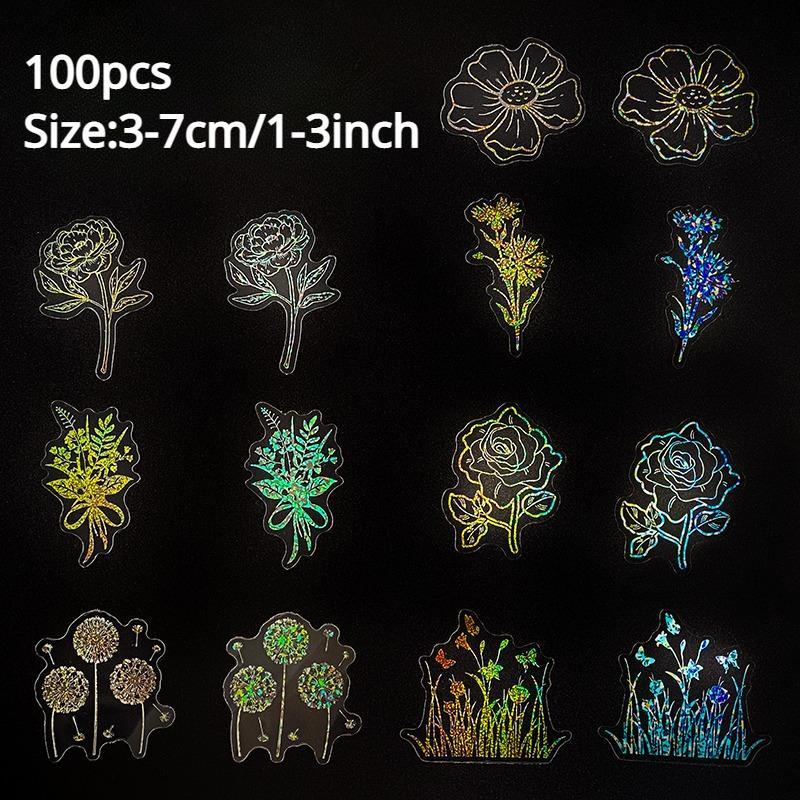 100pcs Plant Pattern Decorative Sticker, Creative Laser Sticker For DIY Scrapbook Diary Craft Decor