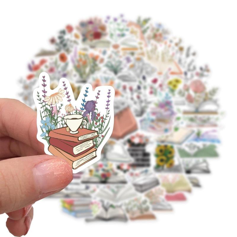 50pcs Book & Flower Pattern Decorative Sticker For Creative DIY, Scrapbooking & Journal Making Material Paper, PVC Waterproof DIY Decorative Sticker For Stationery Computer Water Bottle