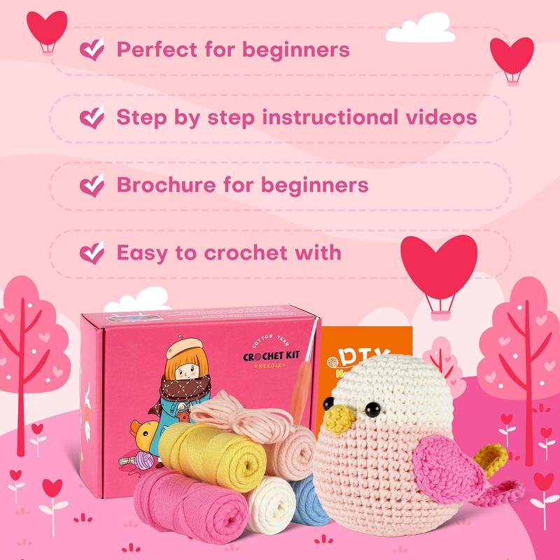 Cute Bird Design Crochet Kit, 1 Box DIY Crochet Kit with Step-by-step English Video Tutorials, DIY Handmade Lover Starter Kit