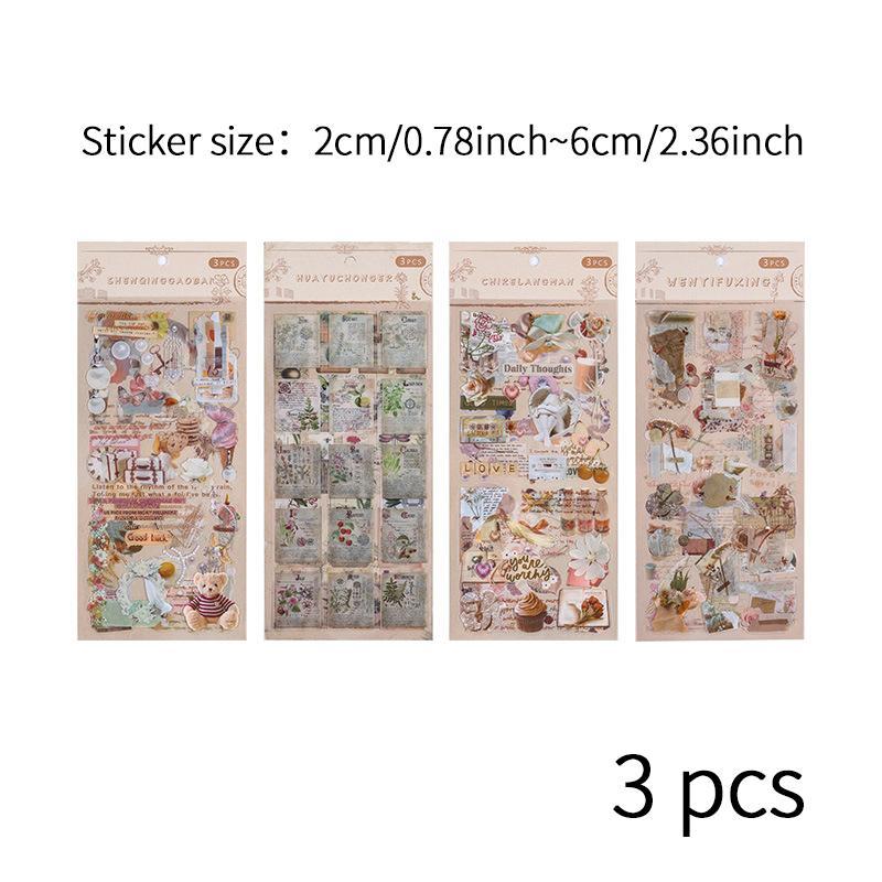 3 Sheets Vintage Mixed Pattern Sticker, Self-adhesive Decorative Stickers, Diy Decals For Water Bottle, Laptop, Phone Case, Scrapbooking, Journal Making