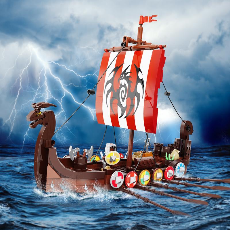 Viking Pirate Ship Building Blocks Set, Medieval Norse Myths Pirates Ship, Great Christmas & Halloween Gift for Kids Who Love Pirate Adventures (555 pcs)