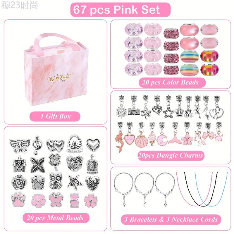 67pcs Pink Series Beading Jewelry Making Supplies Kit, with 60 Charm Beads, 3 Bracelet Bands, 3 Necklace Cords, Includes Unicorns Mermaids Crafts, for Birthday, Christmas 2025 Gift