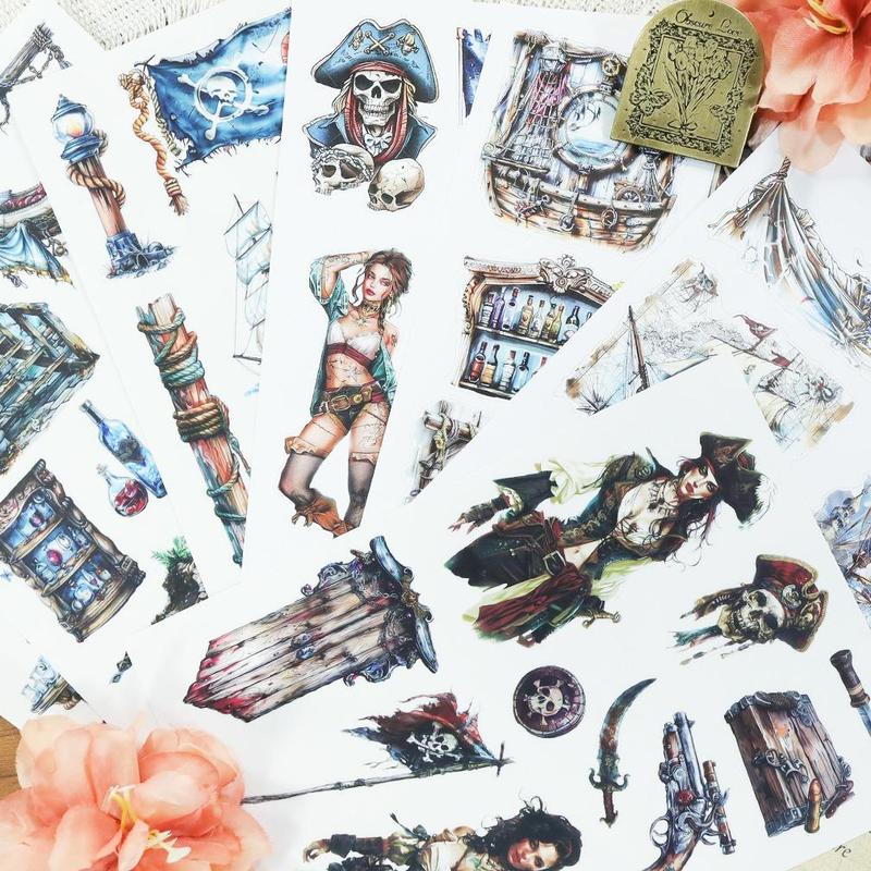 Vintage Pirate Girl Theme Sticker Book, 20 Sheets book Scrapbooking & Journal Making Material Paper, DIY Decorative Sticker for Stationery Computer Water Bottle