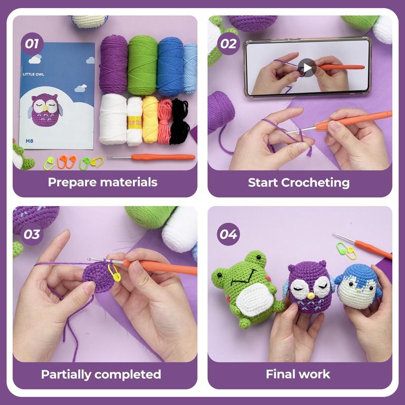 Penguin Owl Frog Crochet Kit, 1 Set Cute Animal Design Crochet Starter Kit Including Step-by-step English Video Tutorial, English Instruction Manual