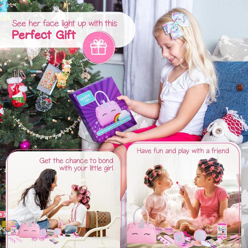 Christmas gift Pretend Play Makeup Kit for Little Girls with Unicorn Purse : Fake (Not Real) Make up Toy Set for Toddler and Kids - Includes Phone with Sounds, Princess Birthday Gift Set for Ages 3 4 5 6 7 8 Years