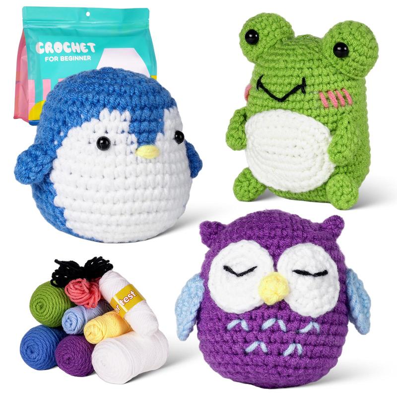 Penguin Owl Frog Crochet Kit, 1 Set Cute Animal Design Crochet Starter Kit Including Step-by-step English Video Tutorial, English Instruction Manual