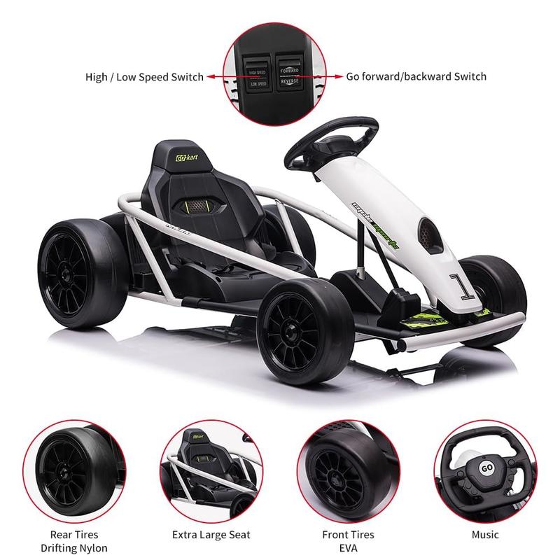 24V Go Kart for Ages 8-12, 300W Dual Motors, 9Ah Battery, 8MPH Drifting, Music, Horn, Max Load 175-180lbs, Outdoor Ride On Toy (White, Red, Rose)