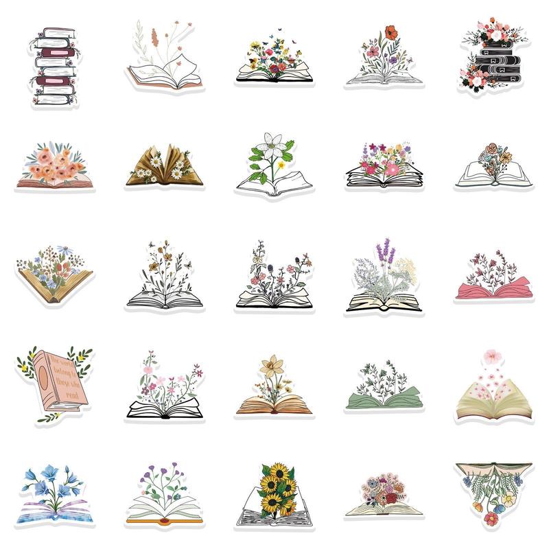 50pcs Book & Flower Pattern Decorative Sticker For Creative DIY, Scrapbooking & Journal Making Material Paper, PVC Waterproof DIY Decorative Sticker For Stationery Computer Water Bottle