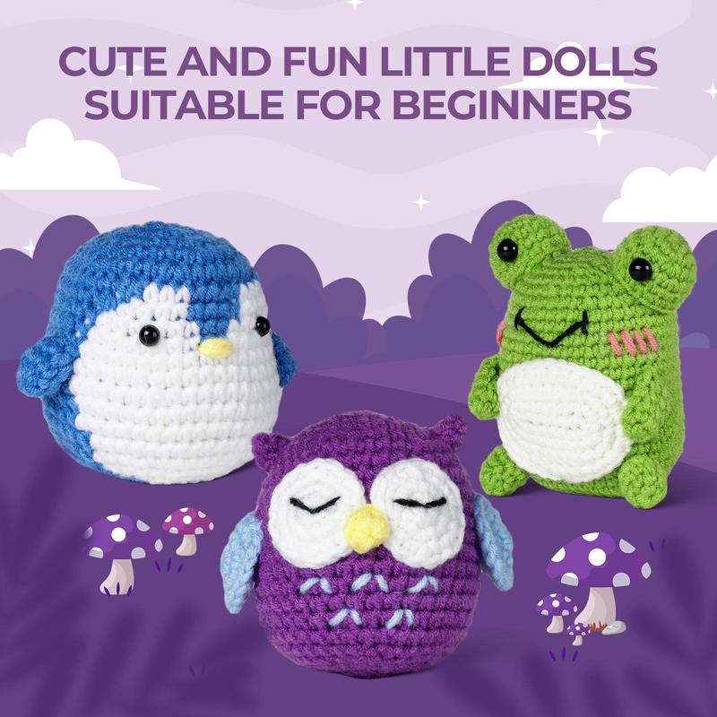 Penguin Owl Frog Crochet Kit, 1 Set Cute Animal Design Crochet Starter Kit Including Step-by-step English Video Tutorial, English Instruction Manual