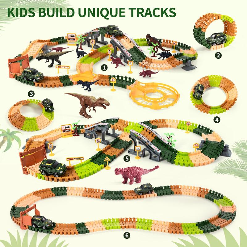 Christmas GiftDinosaur Track Toy , with 2 Pack Race Cars and 7 Pieces Jurassic Dinos, Create A Dinosaur World with Flexible Tracks, Birthday Gifts for