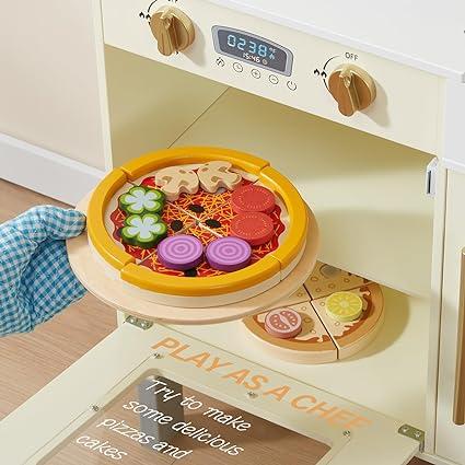 Giant bean Modern Style Play Kitchen Wooden Toy with Microwave Play Sink Ice Maker Oven Cookware Accessories Playset, Kitchen Set Pretend Play Food Toys