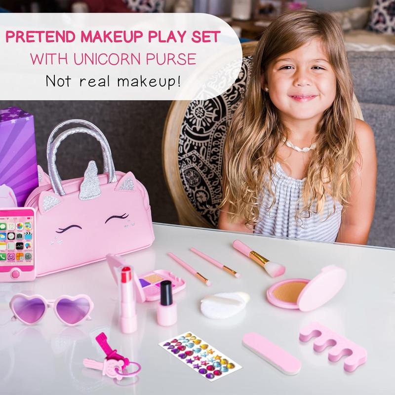 Christmas gift Pretend Play Makeup Kit for Little Girls with Unicorn Purse : Fake (Not Real) Make up Toy Set for Toddler and Kids - Includes Phone with Sounds, Princess Birthday Gift Set for Ages 3 4 5 6 7 8 Years