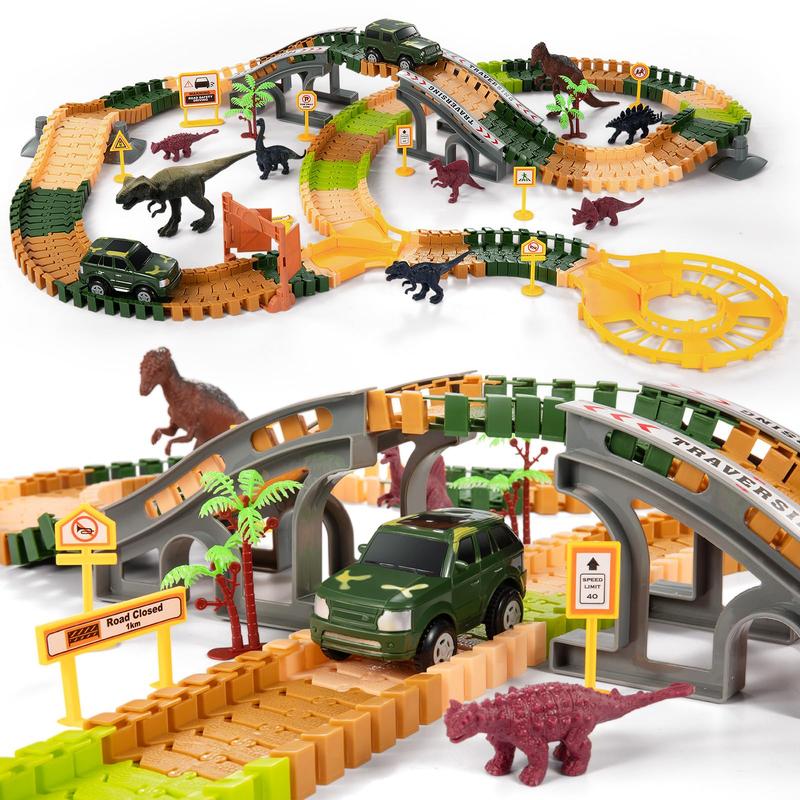 Christmas GiftDinosaur Track Toy , with 2 Pack Race Cars and 7 Pieces Jurassic Dinos, Create A Dinosaur World with Flexible Tracks, Birthday Gifts for