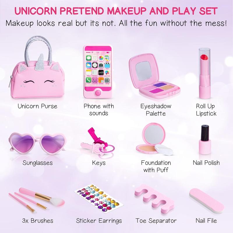 Christmas gift Pretend Play Makeup Kit for Little Girls with Unicorn Purse : Fake (Not Real) Make up Toy Set for Toddler and Kids - Includes Phone with Sounds, Princess Birthday Gift Set for Ages 3 4 5 6 7 8 Years