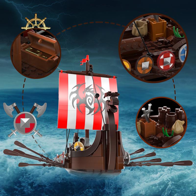 Viking Pirate Ship Building Blocks Set, Medieval Norse Myths Pirates Ship, Great Christmas & Halloween Gift for Kids Who Love Pirate Adventures (555 pcs)