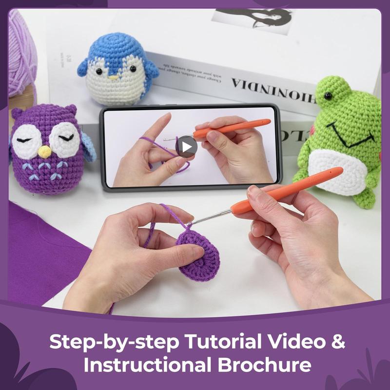 Penguin Owl Frog Crochet Kit, 1 Set Cute Animal Design Crochet Starter Kit Including Step-by-step English Video Tutorial, English Instruction Manual