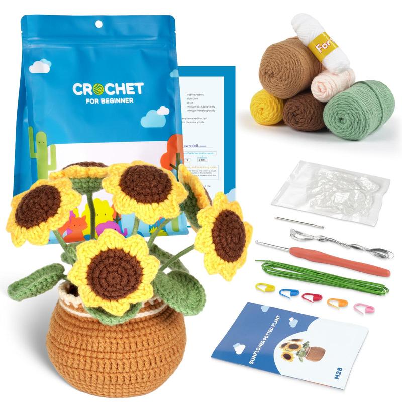 DIY Handmade Craft Kit for Potted Sunflower, 1 Set Crochet Starter Kit with Step-by-step Instructions & Video Tutorials, Crochet Kit for Beginners, Craft Supplies