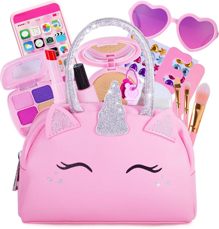 Christmas gift Pretend Play Makeup Kit for Little Girls with Unicorn Purse : Fake (Not Real) Make up Toy Set for Toddler and Kids - Includes Phone with Sounds, Princess Birthday Gift Set for Ages 3 4 5 6 7 8 Years