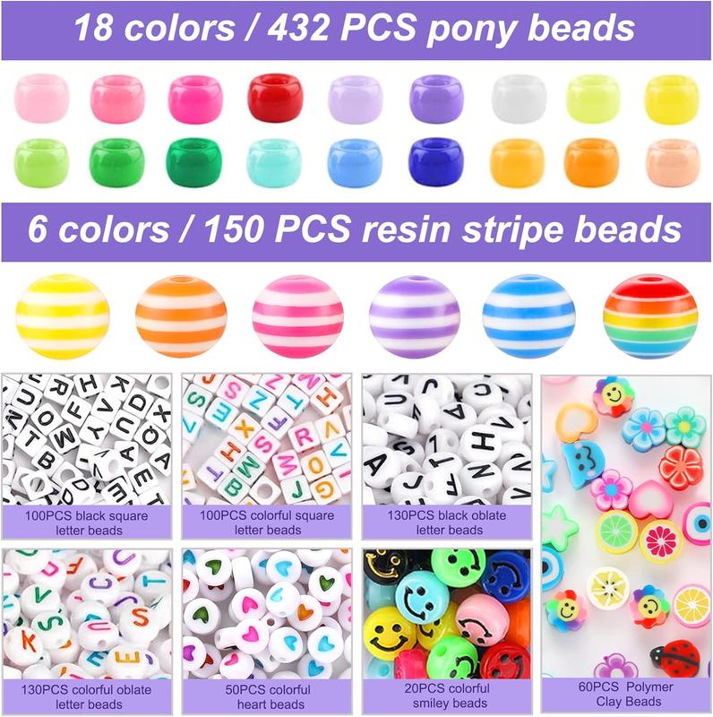 Funtopia 1170 Counts 9mm Pony Beads for Bracelets Making, Kandi Beads Polymer Clay Smile Face Beads Letter Beads for Jewelry Making, Colorful Plastic Beads DIY Craft for Girls