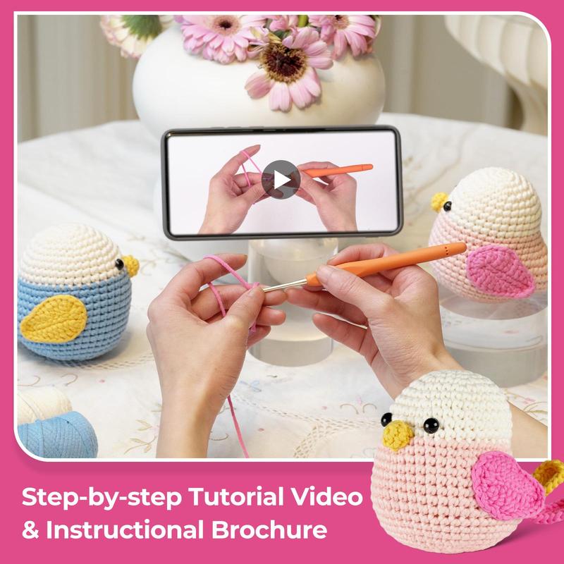 Cute Bird Design Crochet Kit, 1 Box DIY Crochet Kit with Step-by-step English Video Tutorials, DIY Handmade Lover Starter Kit