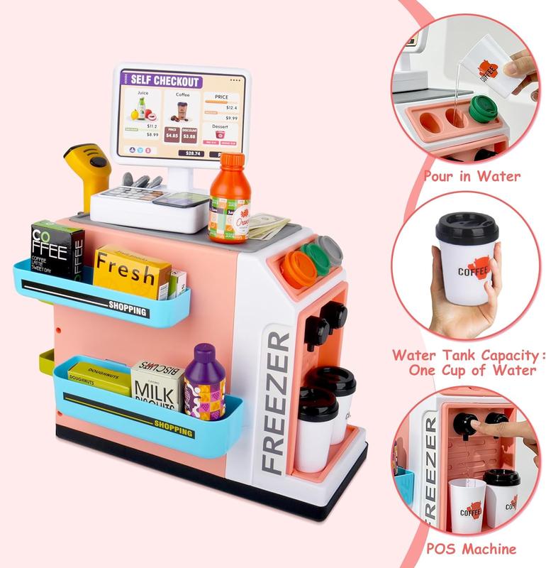 Talgic-Pretend Play Cash Register Toy Set - Calculator, Shopping Bag, Scanners, Credit Cards, Coffee Machine, Play Food - Gift for Boys and Girls Ages 3+