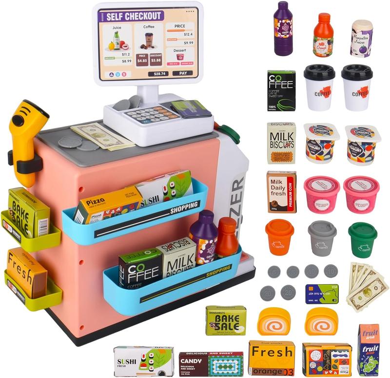 Talgic-Pretend Play Cash Register Toy Set - Calculator, Shopping Bag, Scanners, Credit Cards, Coffee Machine, Play Food - Gift for Boys and Girls Ages 3+