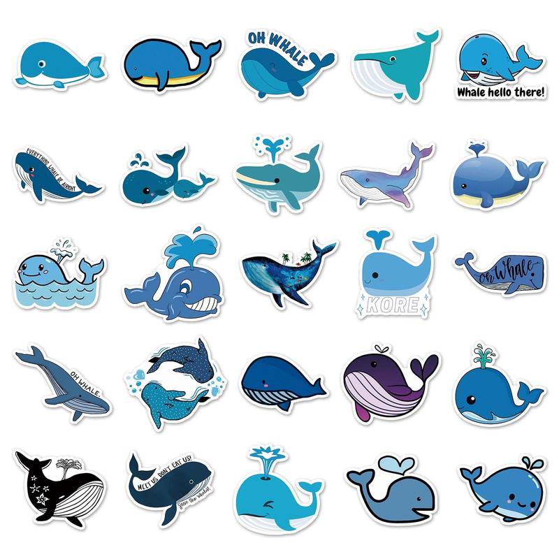 50pcs Cartoon Whale Pattern Stickers, Cute Waterproof Decorative Stickers, DIY Decals For Water Bottle, Laptop, Phone Case, Scrapbooking, Journal Making