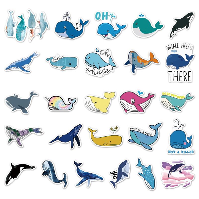 50pcs Cartoon Whale Pattern Stickers, Cute Waterproof Decorative Stickers, DIY Decals For Water Bottle, Laptop, Phone Case, Scrapbooking, Journal Making