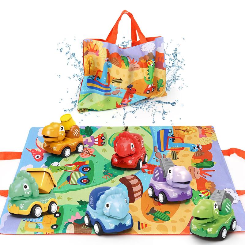 Dinosaur Design Inertia Car Toy, 6 Counts set Christmas Friction Power Engineering Vehicle Toy with 2 in 1 Game Mat Storage Bag, Birthday Gift for Children, Thanksgiving Christmas Gift Set