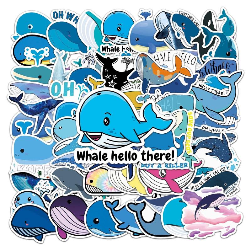 50pcs Cartoon Whale Pattern Stickers, Cute Waterproof Decorative Stickers, DIY Decals For Water Bottle, Laptop, Phone Case, Scrapbooking, Journal Making