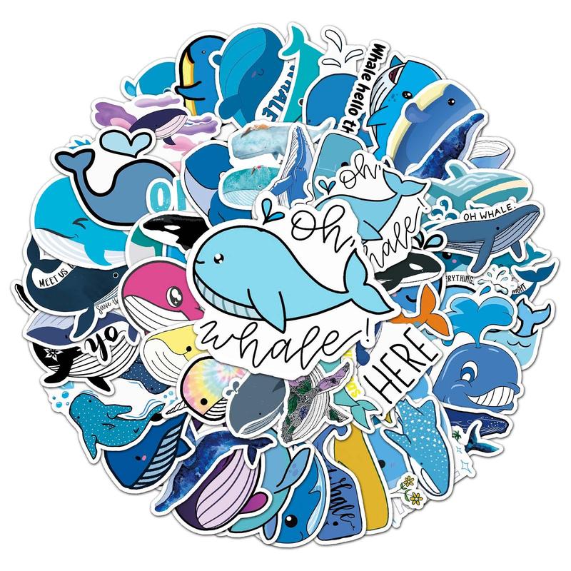 50pcs Cartoon Whale Pattern Stickers, Cute Waterproof Decorative Stickers, DIY Decals For Water Bottle, Laptop, Phone Case, Scrapbooking, Journal Making