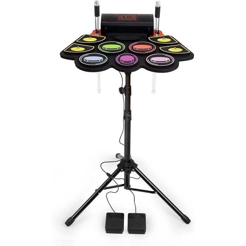 Electric Kids Drum Set,Electronic Drum Set Practice 9 Pads With Stand,Music Recording,Light Up Drum Sticks,Drum Pedal,Midi,Dual Stereo Speaker(Rainbow)