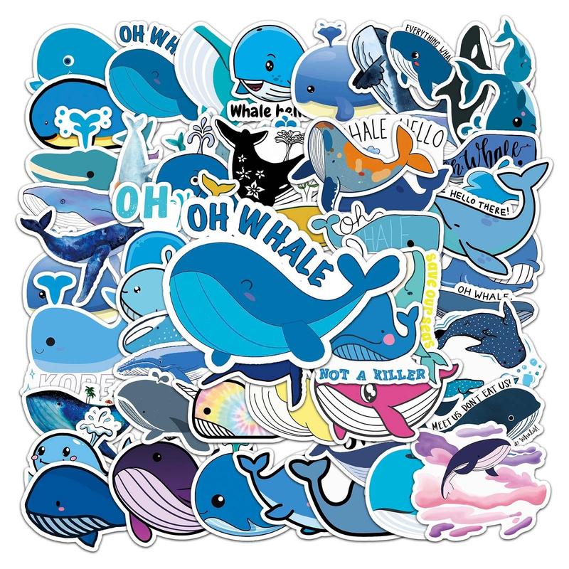 50pcs Cartoon Whale Pattern Stickers, Cute Waterproof Decorative Stickers, DIY Decals For Water Bottle, Laptop, Phone Case, Scrapbooking, Journal Making