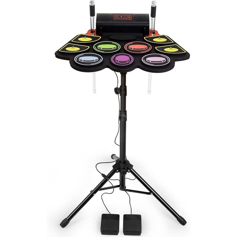 Electric Kids Drum Set,Electronic Drum Set Practice 9 Pads With Stand,Music Recording,Light Up Drum Sticks,Drum Pedal,Midi,Dual Stereo Speaker(Rainbow)