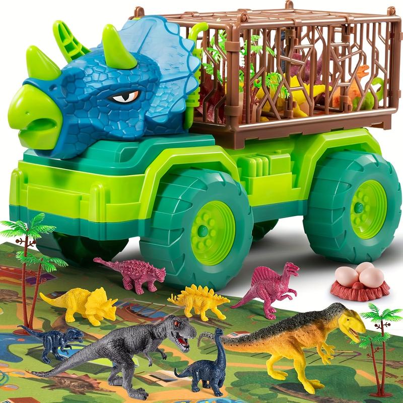 Dinosaur Truck Toy For Kids 3-5 Years, Triceratops Transport Car Carrier With 8 Dino Figures, Activity Play Mat, Dino Eggs And Trees, Capture Jurassic Dinosaurs Play Set For Boys And Girls