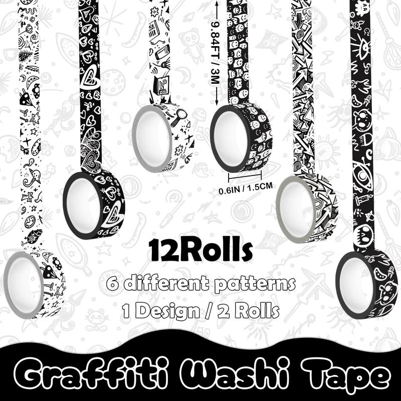 Graffiti Washi Tape Set, 12pcs Decorative Crafting Tape, Bohemian Style Design Decorative Tape for Journaling, Scrapbooking, DIY Projects