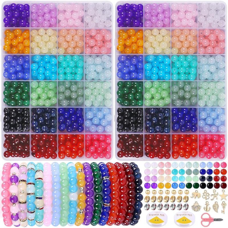 1300 count 8mm Glass Beads for  Making, 24 Colors Glass Beads for Bracelets with Spacer Beads Charm for Women, 2 Box